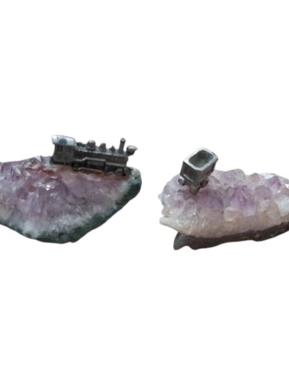 Vintage Pewter Train Miniature on Amethyst Crystal Cluster Base Steam Engine